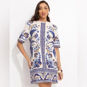 FARM Rio Blue and Cream Floral Short Sleeve Top